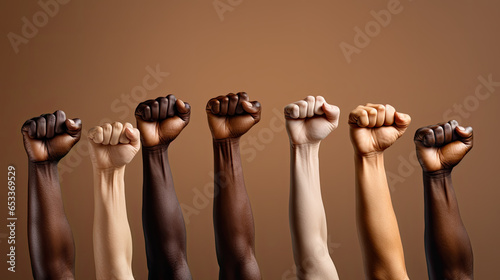 Raised fists of varying skin tones on a brown background.