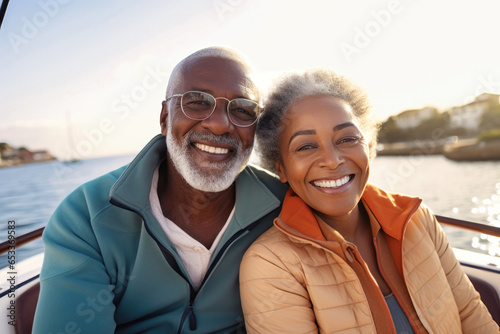 An elderly dark-skinned couple on the deck of a ship or liner against the backdrop of the sea. Happy and smiling people. Travel on a sea liner. Love and romance of older people.