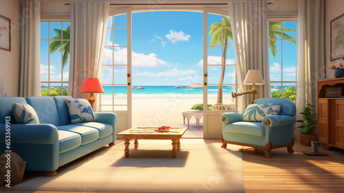 A living room with beach view, 3d rendered landscape © Rekalawa