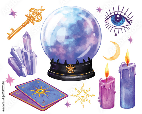 Mystical Fortune telling and tarot card reading magic items. Celestial witch magical elements, crystal ball, spiritual crystals, candles, tarot cards, gold key watercolor vector illustrations