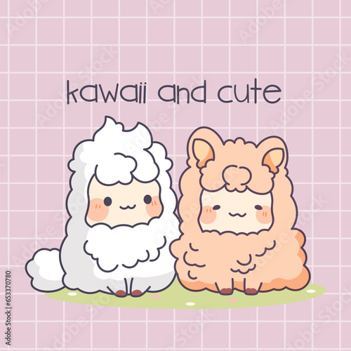 Cute kawaii llamas on purple background. Vector illustration.