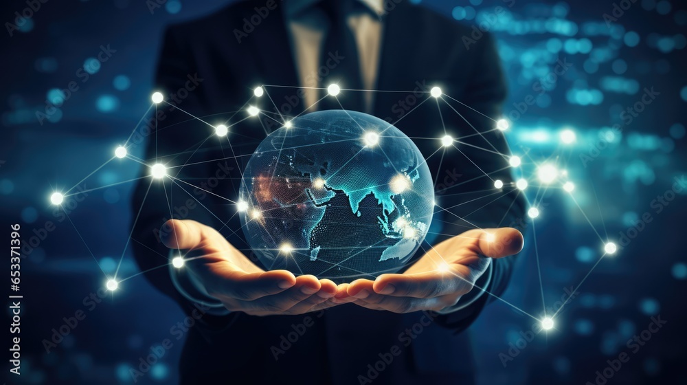 Digital Connectivity and Global Business Network: Hand of a Businessman Touching a Glowing Circle Symbolizing Technology Light Connections - obrazy, fototapety, plakaty 