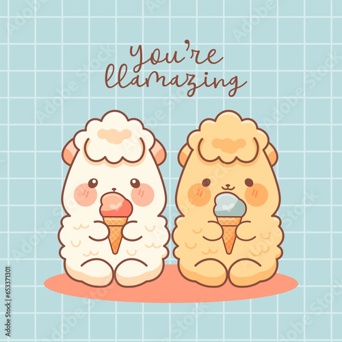 Cute kawaii llamas eating ice cream. Vector illustration.
