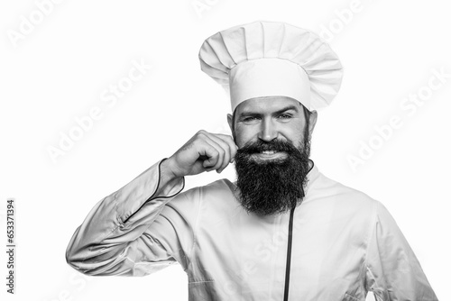 Funny chef with beard cook. Beard man and moustache wearing bib apron. Nappy man. Black and white