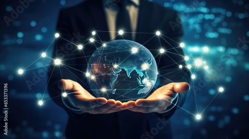 Digital Connectivity and Global Business Network: Hand of a Businessman Touching a Glowing Circle Symbolizing Technology Light Connections