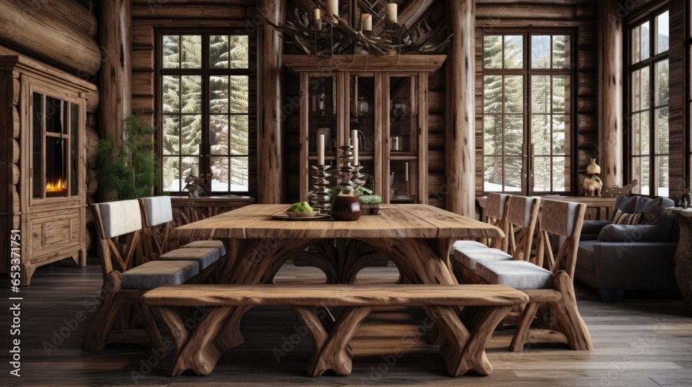 Handmade wooden log dining table. vintage craft furniture