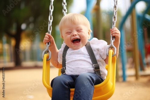 Happy child with down syndrome enjoying swing on play