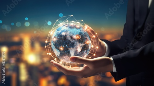 Hand of businessman touching circle global network with technology light connection