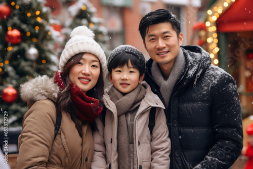 Asian family with a kid having wonderful time on traditional Christmas market on winter evening. Parents and child enjoying themselves in Christmas town decorated with lights.