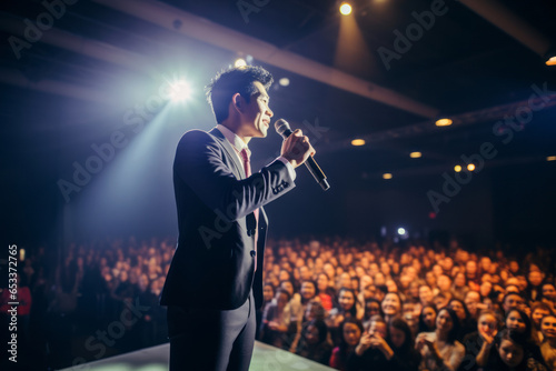 Handsome Asian motivational speaker holding a microphone in front on an audience. Man in a spotlight talking to a crowd.