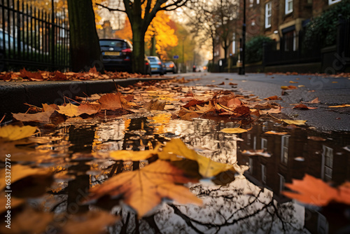 Colourful autumn leaves in a puddle on rainy fall day in London.