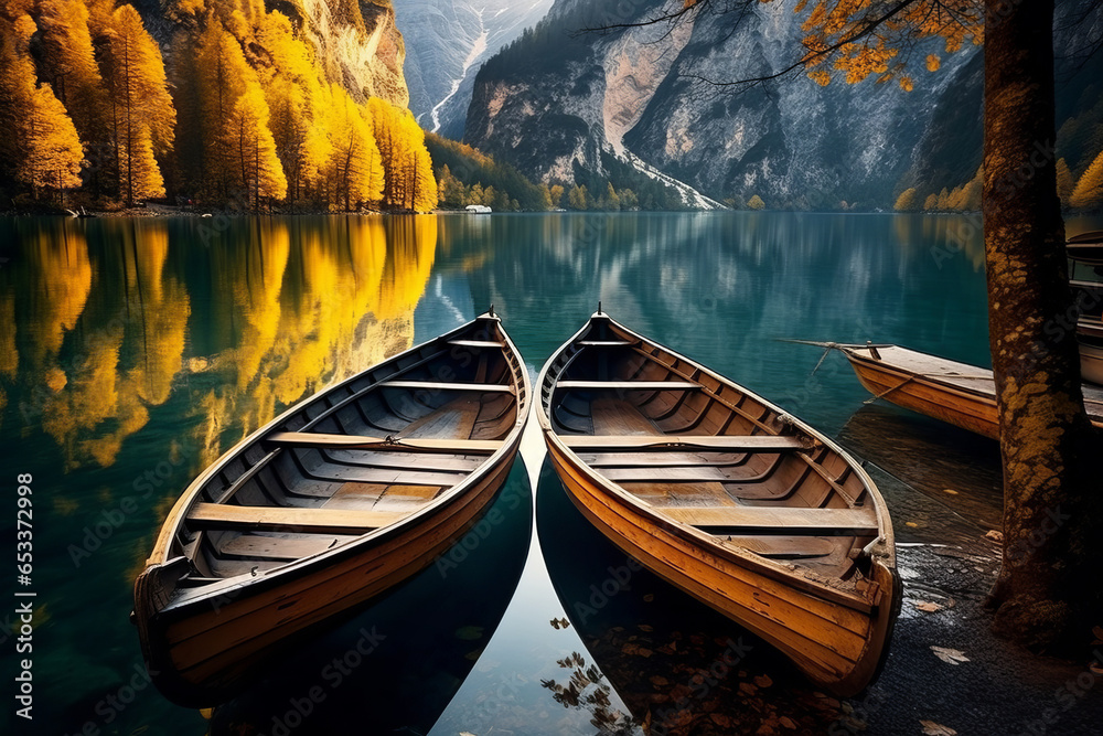 Magical autumn landscape with boats on the lake in Italian Alps. Boats reflecting in calm green waters of mountain lake on sunny autumn evening.