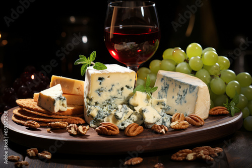 Glass of red wine with grapes, snacks, nuts and blue cheese on a dark background.