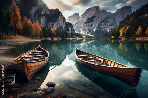 Magical autumn landscape with boats on the lake in Italian Alps. Boats reflecting in calm green waters of mountain lake on sunny autumn evening.