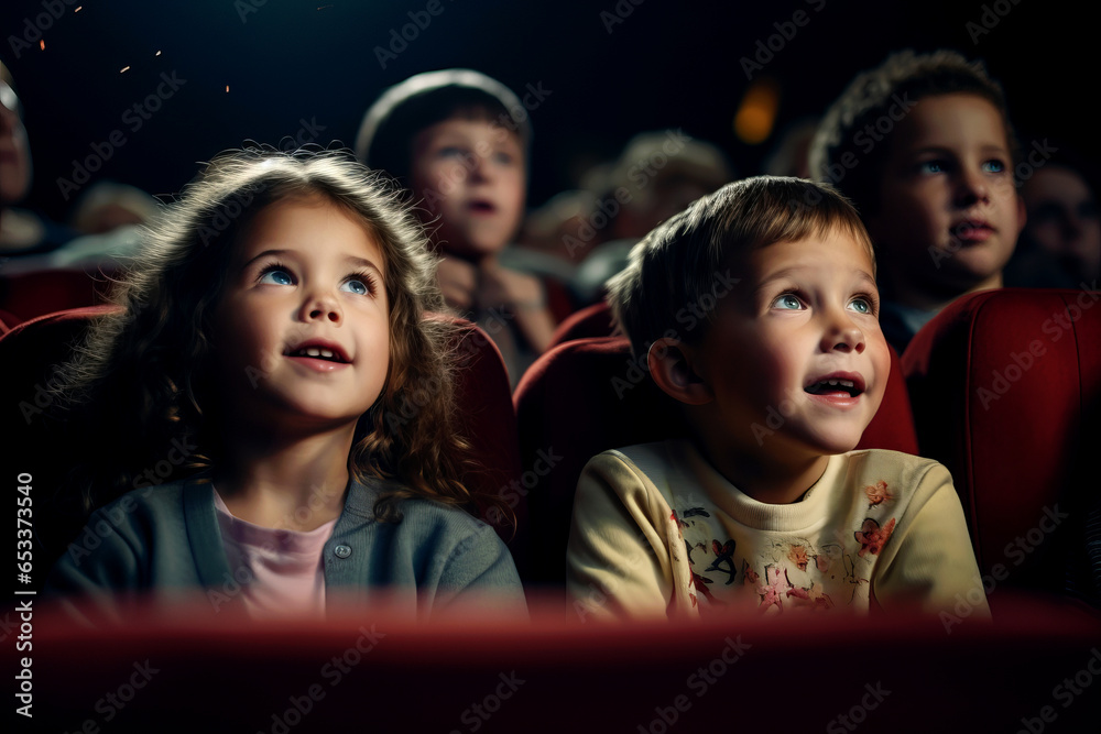 Group of kids watching a movie in cinema. Children with excited expressions on their faces. - obrazy, fototapety, plakaty 
