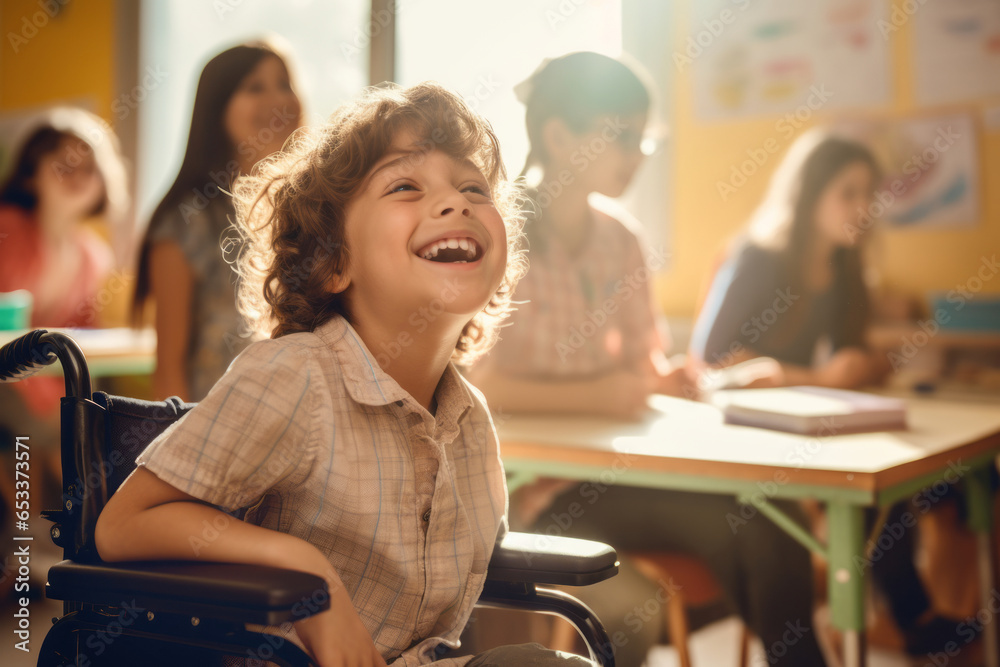  Cheerful little boy sitting in a wheelchair in kindergarten. Disabled Motiv 