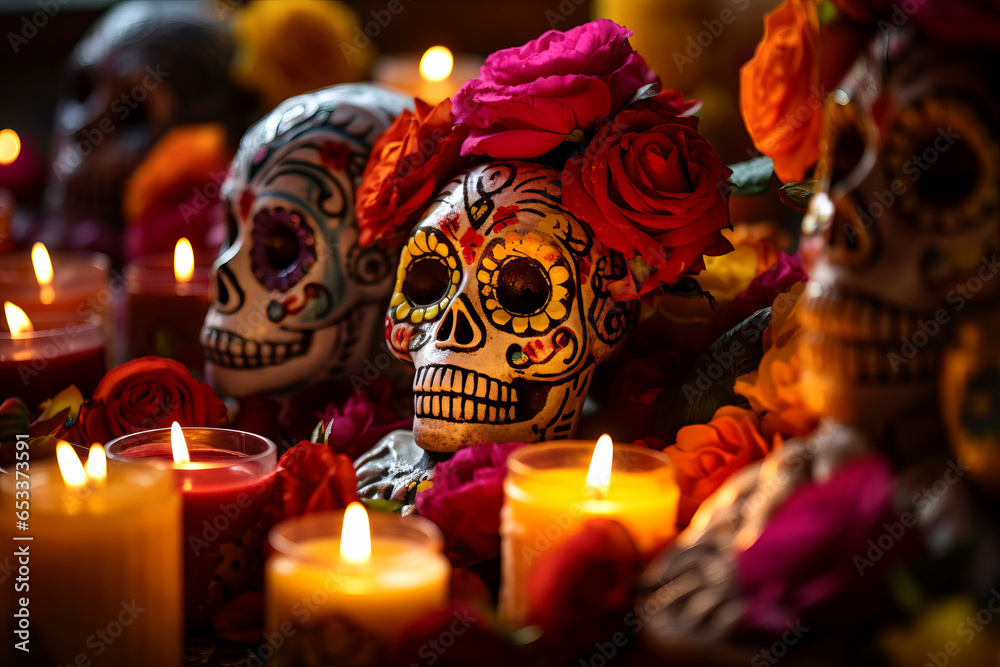 Hand painted skull for Day of the Dead celebration. Skulls, candles and marigold flowers composition for Mexican Dia de los Muertos festival. Hand painted skull for Day of the Dead celebration. Skulls, candles and marigold flowers composition for Mexican Dia de los Muertos festival.