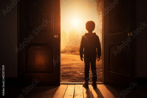 Little boy opening the door to the light in darkness. Entering the unknown.