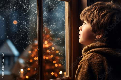 Cute little boy sitting by the window on Christmas eve. Child looking at the Christmas tree outside. Celebrating holiday at home. Traditional festive season.