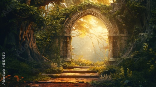 magical arch portal in the middle of an enchanted forest.