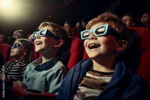 Group of kids wearing 3D-glasses watching a movie in cinema. Children with excited expressions on their faces.