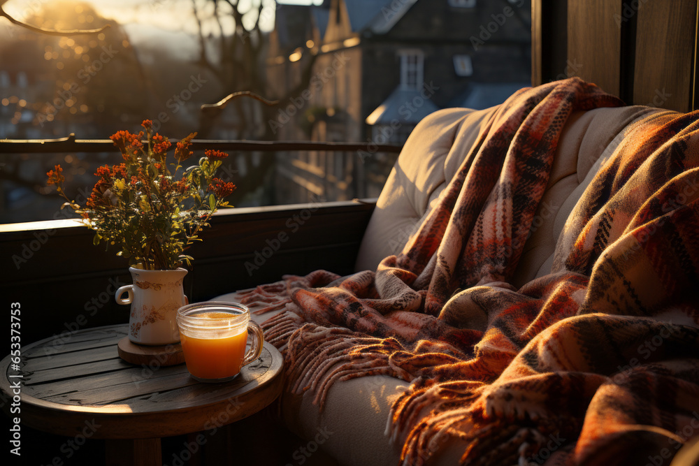 Φωτογραφία Cozy warm autumn composition with cup of hot tea, cozy plaid blanket and autumn leaves by a window on sunny day