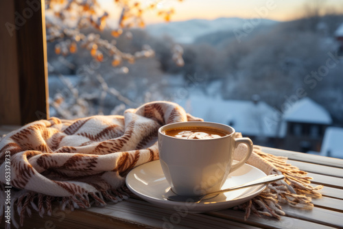 Obraz na płótnie Cozy warm winter composition with cup of hot coffee or chocolate, cozy blanket and snowy landscape on sunny winter day