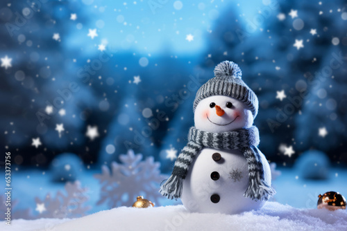 Happy snowman in winter landscape. Celebrating Christmas outdoors.