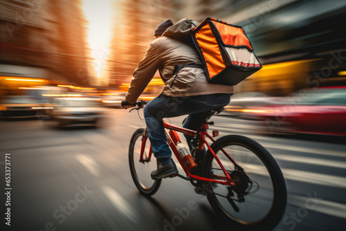 Food delivery courier wearing thermal backpack riding a bike on the road to deliver orders and packages for customers. Motion blur.