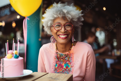 Cheerful senior black woman celebrating her birthday. Grandma looking at birthday cake with lit candles, colorful balloons on background.