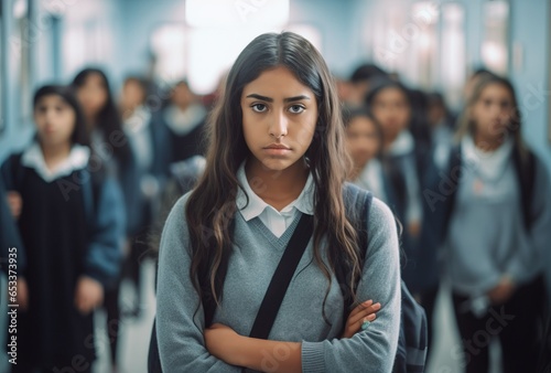 A solitary teenage girl stands in a school hallway, her eyes downcast, her posture and expression revealing signs of depression, stress, and the heavy weight of bullying. photo