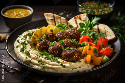 Bowl of fried falafel in hummus dip with the side of fresh vegetables. Middle Eastern cuisine snack.