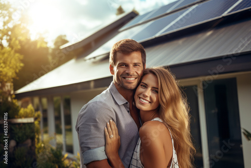 Happy couple standing in front of their house with solar panels installed on the roof. Alternative energy, saving resources and sustainable lifestyle concept.