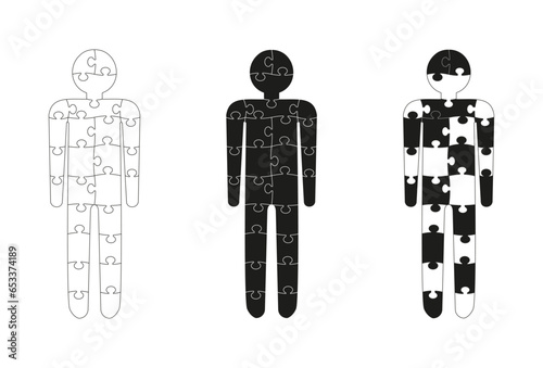Set of human shaped puzzles in line and flat styles. Puzzle jigsaw on white background. Symbolic pieces of the autism puzzle. Vector illustration