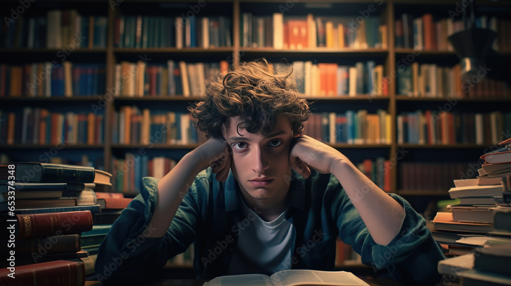 Tired male student holding his head while sitting in library against the backdrop of the book shelf. Tired male student holding his head while sitting in library against the backdrop of the book shelf.
