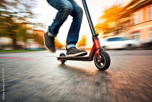 Man riding kick scooter at high speed on city street. Violating speed limits while riding a scooter. Safety in the city. Motion blur.