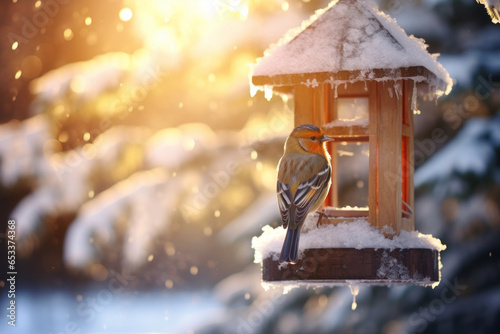 Snow covered birdhouse on sunny winter day. Bird feeder hanging from a tree. Wooden bird house with small bird sitting in it during winter.