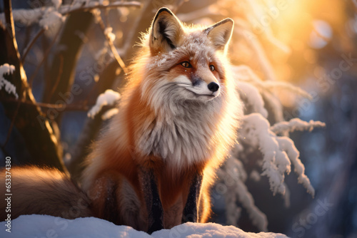 Cute fluffy red fox in snowy winter forest on sunny evening. Wild animals in nature.