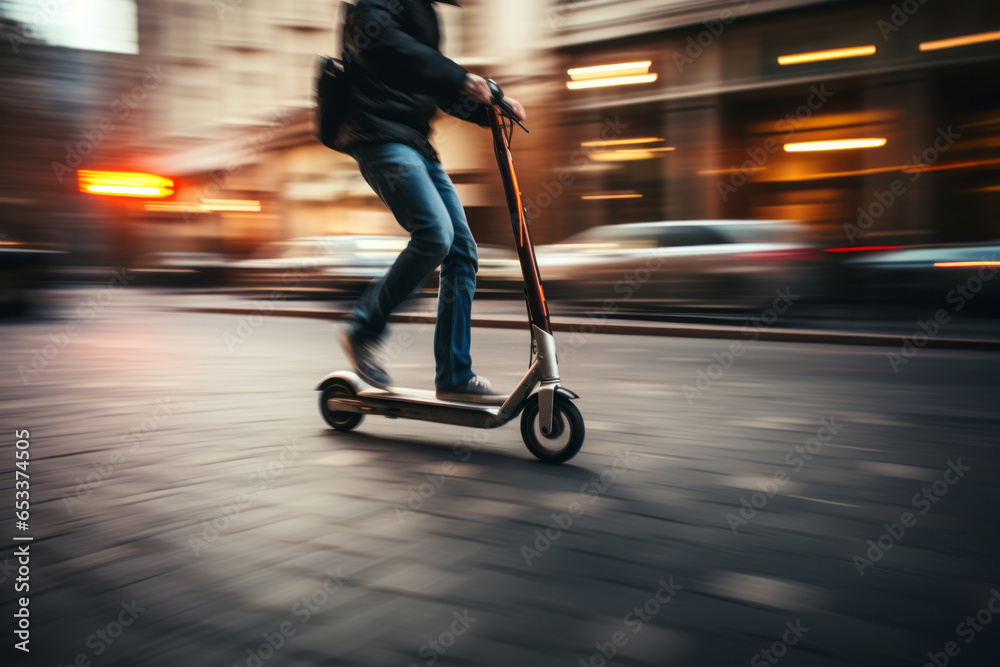 Man riding kick scooter at high speed on city street. Violating speed limits while riding a scooter. Safety in the city. Motion blur. Man riding kick scooter at high speed on city street. Violating speed limits while riding a scooter. Safety in the city. Motion blur.