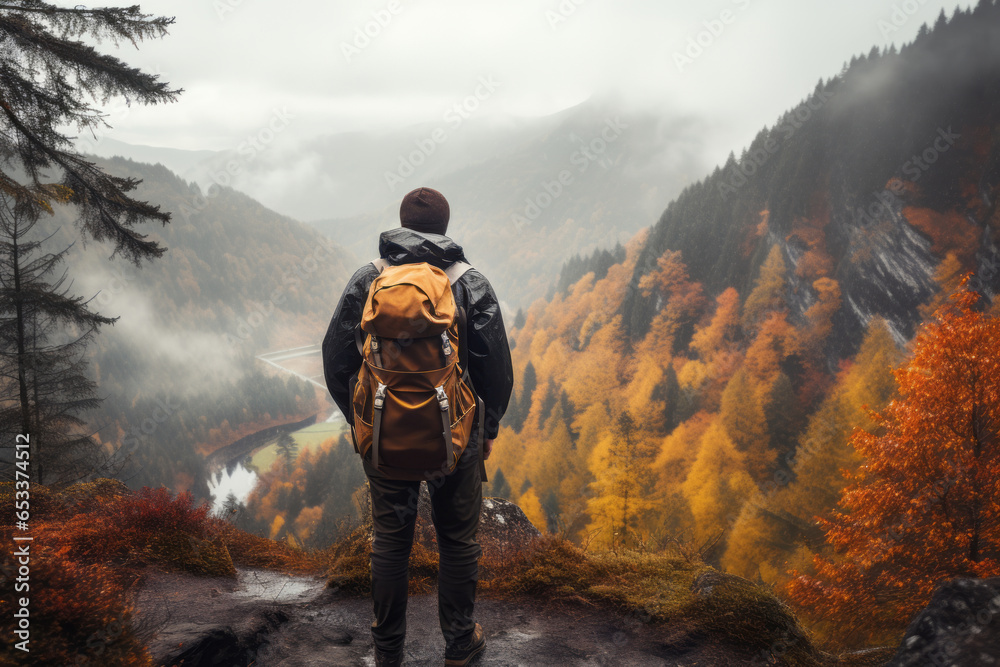 Man admiring beautiful foggy landscape in autumn mountains. Adventurous young man with backpack. Hiking and trekking on a nature trail. Traveling by foot.