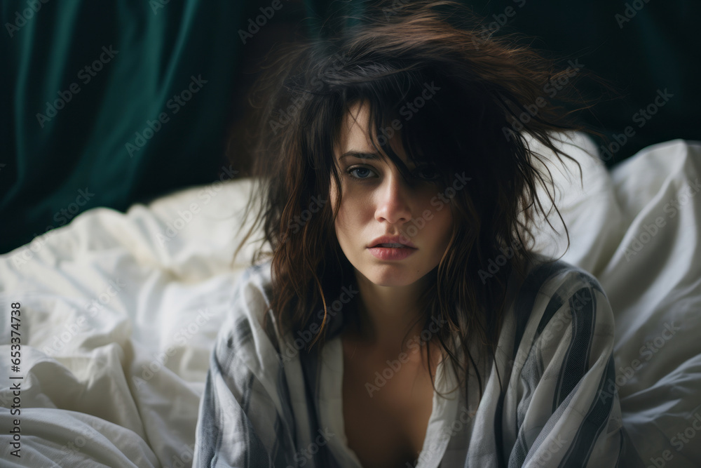 Naklejka premium Depressed young woman struggling to fall asleep. Sad girl awake in the night, exhausted and suffering from insomnia. Sleep deprivation problem.