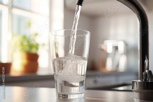 Filling up a glass with clean drinking water from kitchen faucet. Safe to drink tap water.