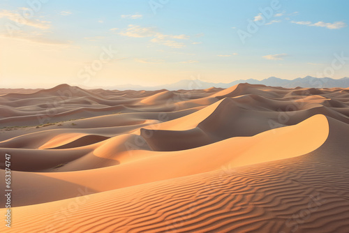 Beautiful sand dunes in the desert on sunny summer sunset. Beauty in nature.