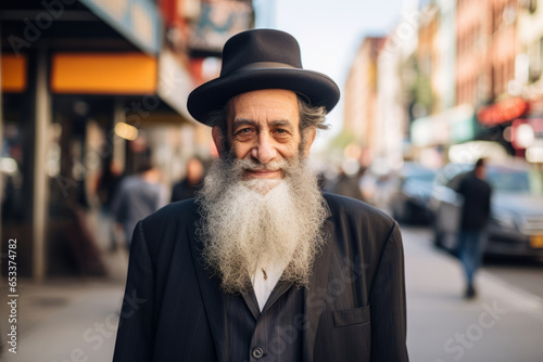 Tela Senior orthodox Jewish rabbi smiling on a city street on sunny summer day