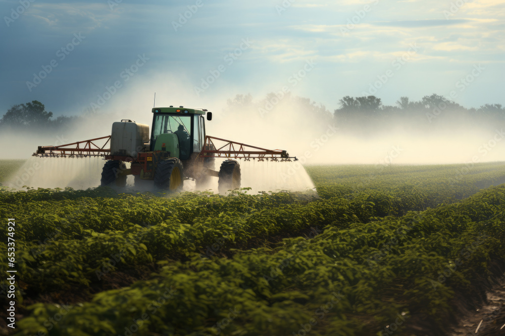 Fototapeta premium Tractor spraying pesticides at soy bean fields. Soybean fields being sprayed with pesticides. Agriculture.