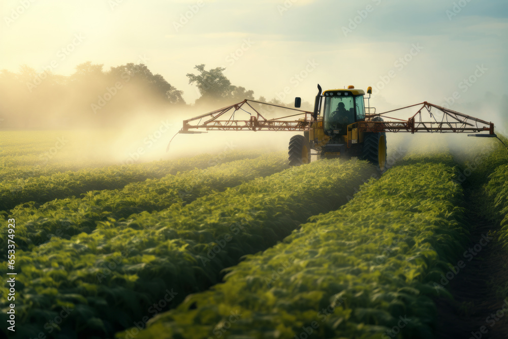Fototapeta premium Tractor spraying pesticides at soy bean fields. Soybean fields being sprayed with pesticides. Agriculture.