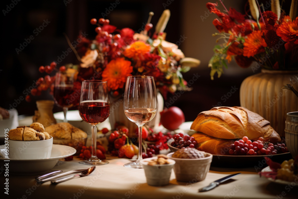 Autumn table setting with candles, pumpkins and flowers. Thanksgiving table decoration.