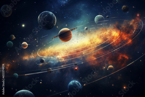 Universe scene with planets, stars and galaxies in outer space showing the beauty of space exploration.