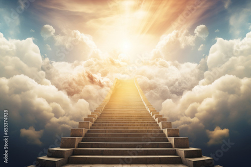 Stairway through the clouds to the heavenly light. Staircase leading to heaven.