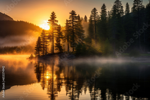 Scenic view of calm mountain lake on foggy autumn sunrise. Majestic pine trees on lake shores on a backdrop of setting sun.